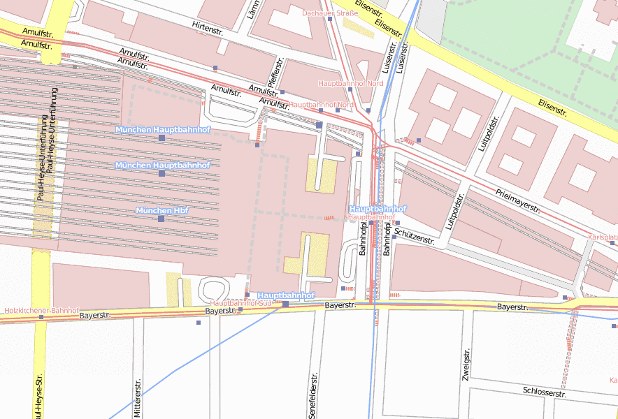 Hauptbahnhof-Stadtplan mit Luftansicht und Hotels von München